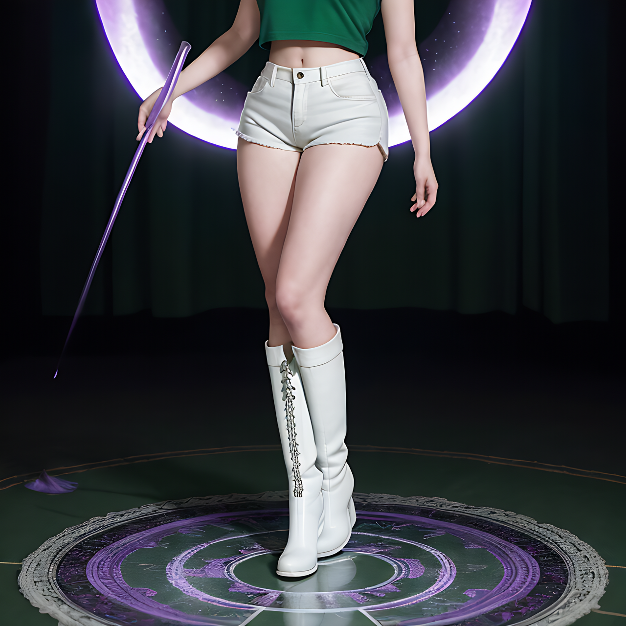 best quality,8k, realistic, masterpiece, RAW photo, full body, a tall Japanese voluptuous short-haired intelligent beautiful girl standing on the floor painting a shining magic Hexagram with purple backlight at the magic dark room in the ancient castle at midnight, wearing dark green headband, white tight hotpants, dark green tanktops, white long boots.