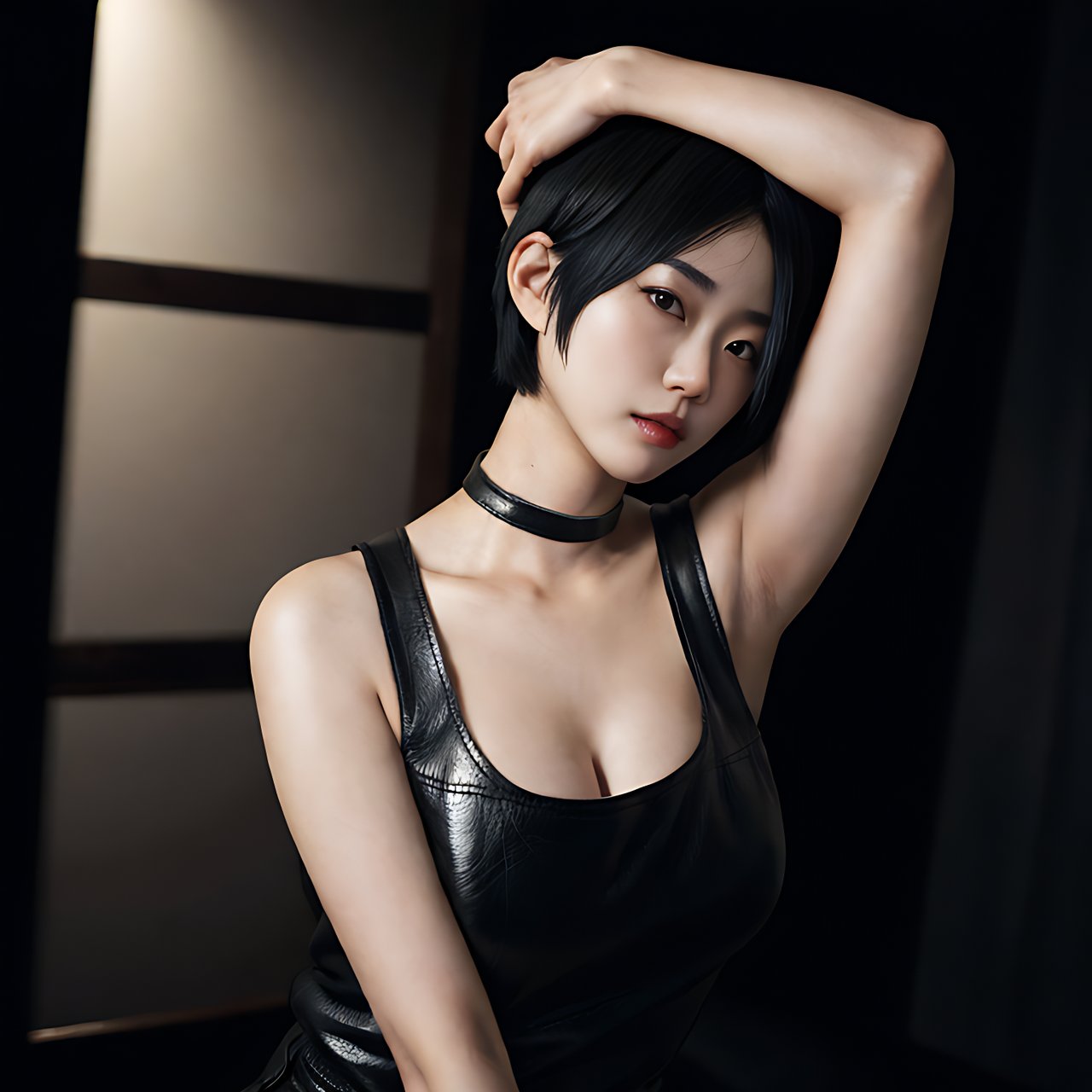 best quality,8k, realistic, masterpiece, RAW photo, a tall Japanese voluptuous short-haired intelligent beautiful girl putting her hands on her head and giving up hope in the dark room, wearing black headband, black leather hotpants, black tanktops, black long boots.