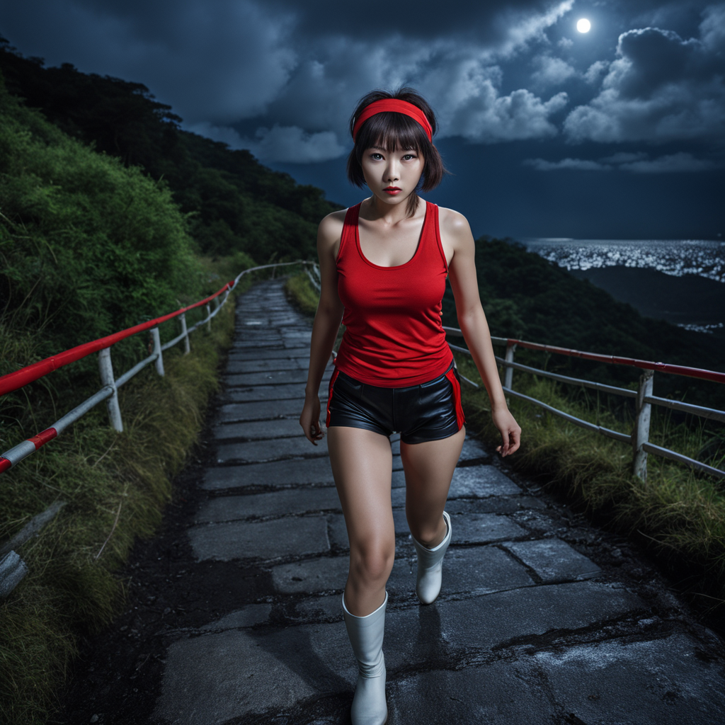 best quality, realistic, RAW photo, high angle shot, a tall ((Japanese)) large breasts wide-hipped short bobbed haired intelligent beautiful girl, cool beauty, looks sad, wearing ((red headbands)), ((red tanktops with a large open chest area)), ((black tight leather hotpants)), ((white long boots)), running on a rugged hellish path at stormy midnight.