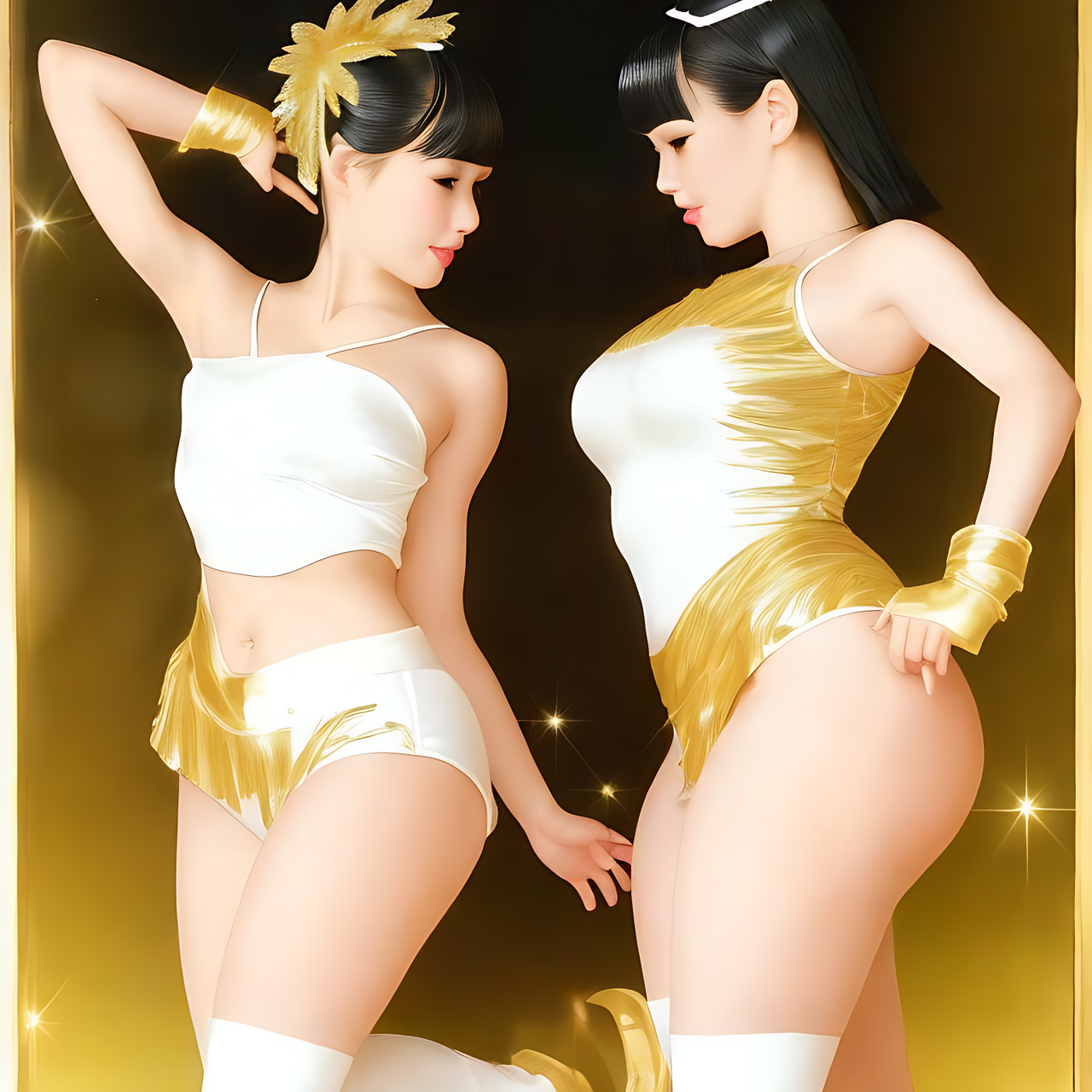 front view, Tall Japanese voluptuous short-haired intelligent beautiful girls are dancing, exciting.