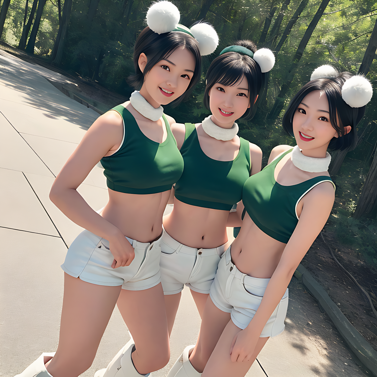 best quality,8k, realistic, masterpiece, RAW photo, high angle shot, Some tall Japanese voluptuous short-haired intelligent beautiful cheerleaders are forming lines and dancing at the national park in early summer.