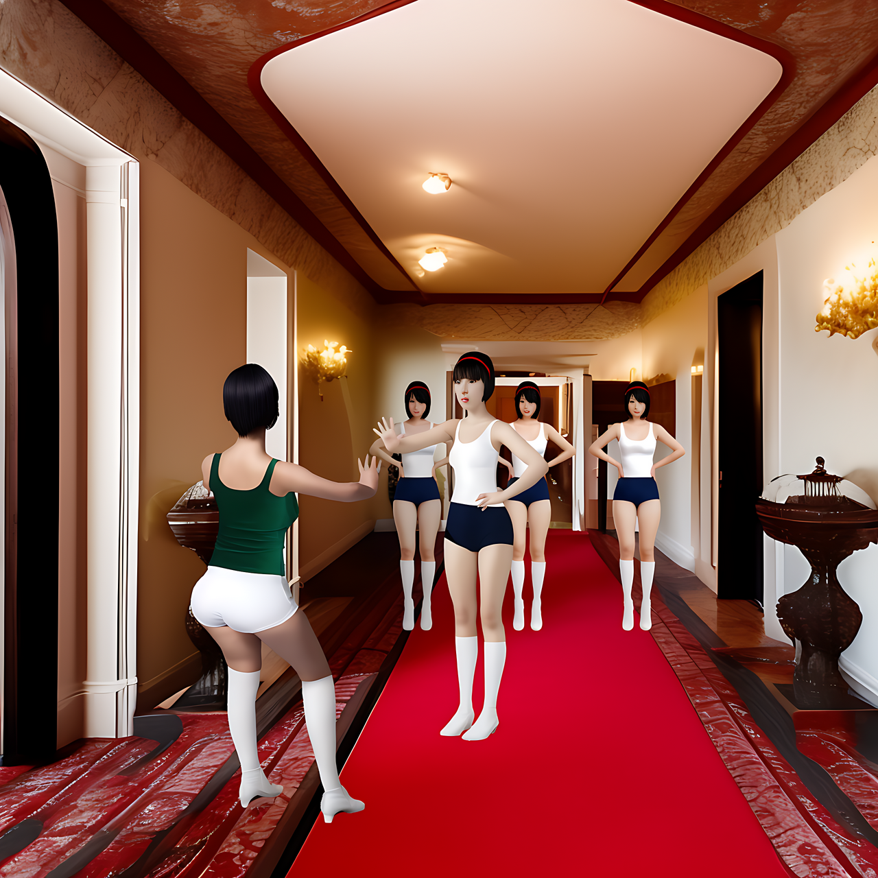 4 girls obstruct other one girl's way.（「みんな仲良く」）