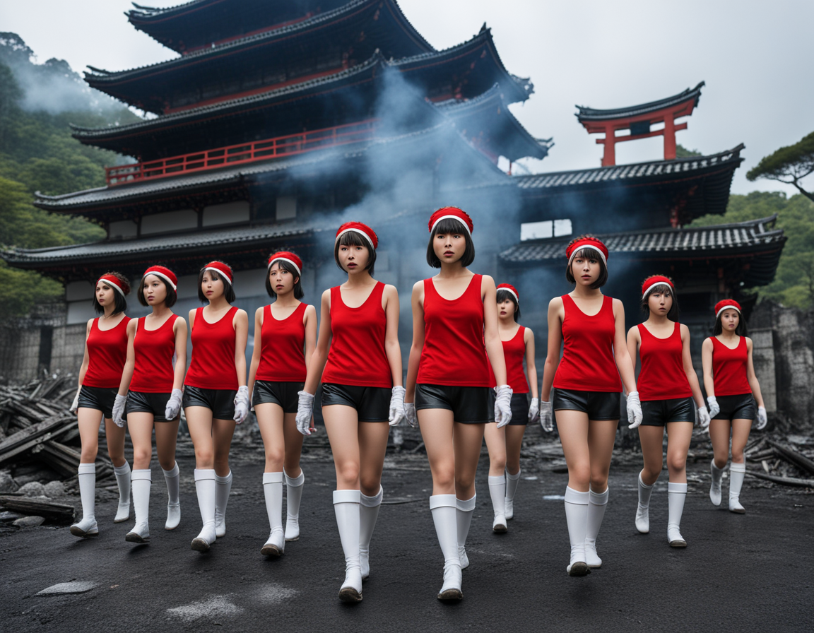 best quality, realistic, RAW photo, side view, extreme wide shot, many tall ((Japanese)) large breasts wide-hipped short bobbed haired intelligent beautiful girls are forming lines and marching at burning ruins.