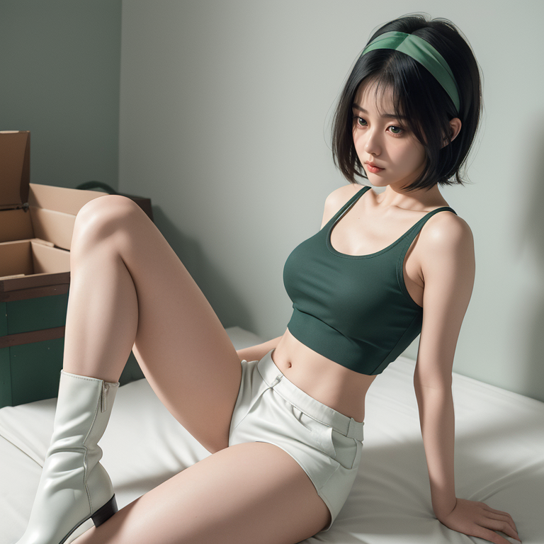 best quality,8k, realistic, masterpiece, RAW photo, full body, front view,  a tall Japanese voluptuous short-haired intelligent beautiful girl looking down at an empty box and getting depressed in her room, wearing dark green headband, dark green tanktops with a large open chest area, white tight silky hotpants, white long boots.