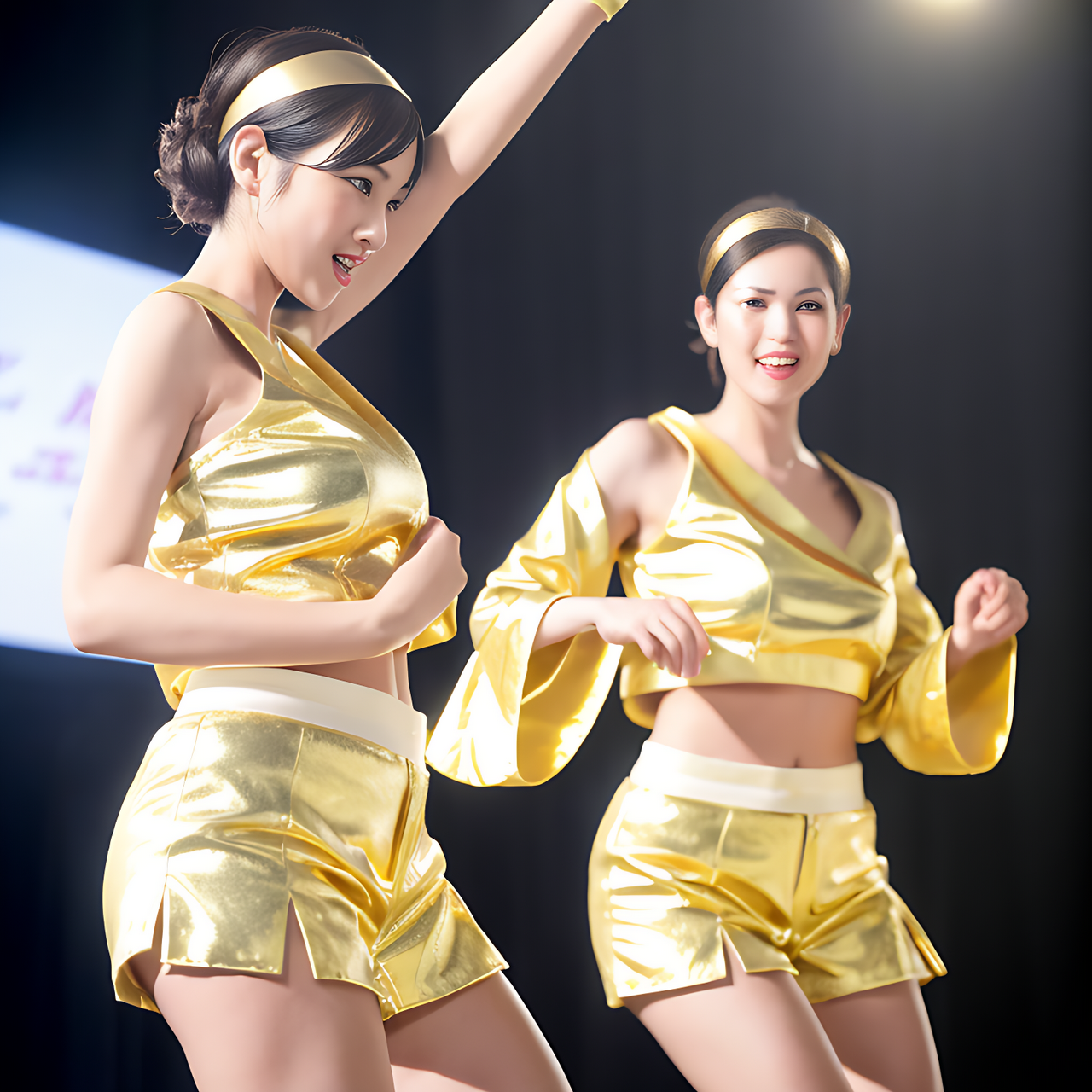 best quality,8k, realistic, masterpiece, RAW photo, low angle shot, Some tall Japanese voluptuous short-haired intelligent beautiful girls are dancing, exciting.