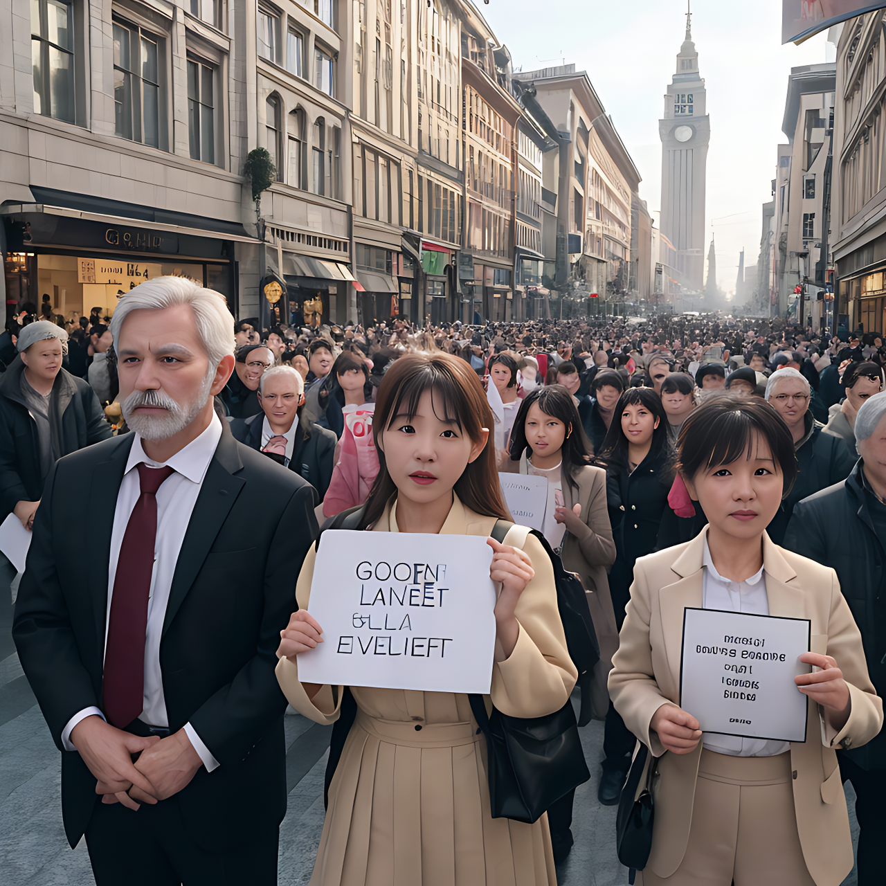 best quality,8k, realistic, masterpiece, RAW photo, Some suited people holding placards in front of the department store.