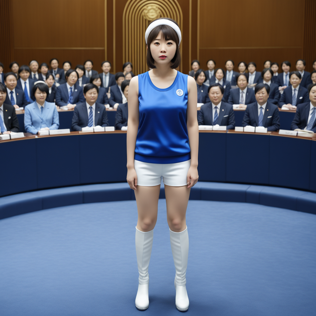 best quality, realistic, RAW photo, front view, extremely detailed, full body, a tall Japanese voluptuous fluffy bob cut intelligent beautiful young female legislator, wearing ((saphire blue headbands)), ((saphire blue tanktops with a large open chest area)) tucked in ((white tight silky hotpants)), ((white knee boots)), giving a speech at national assembly.