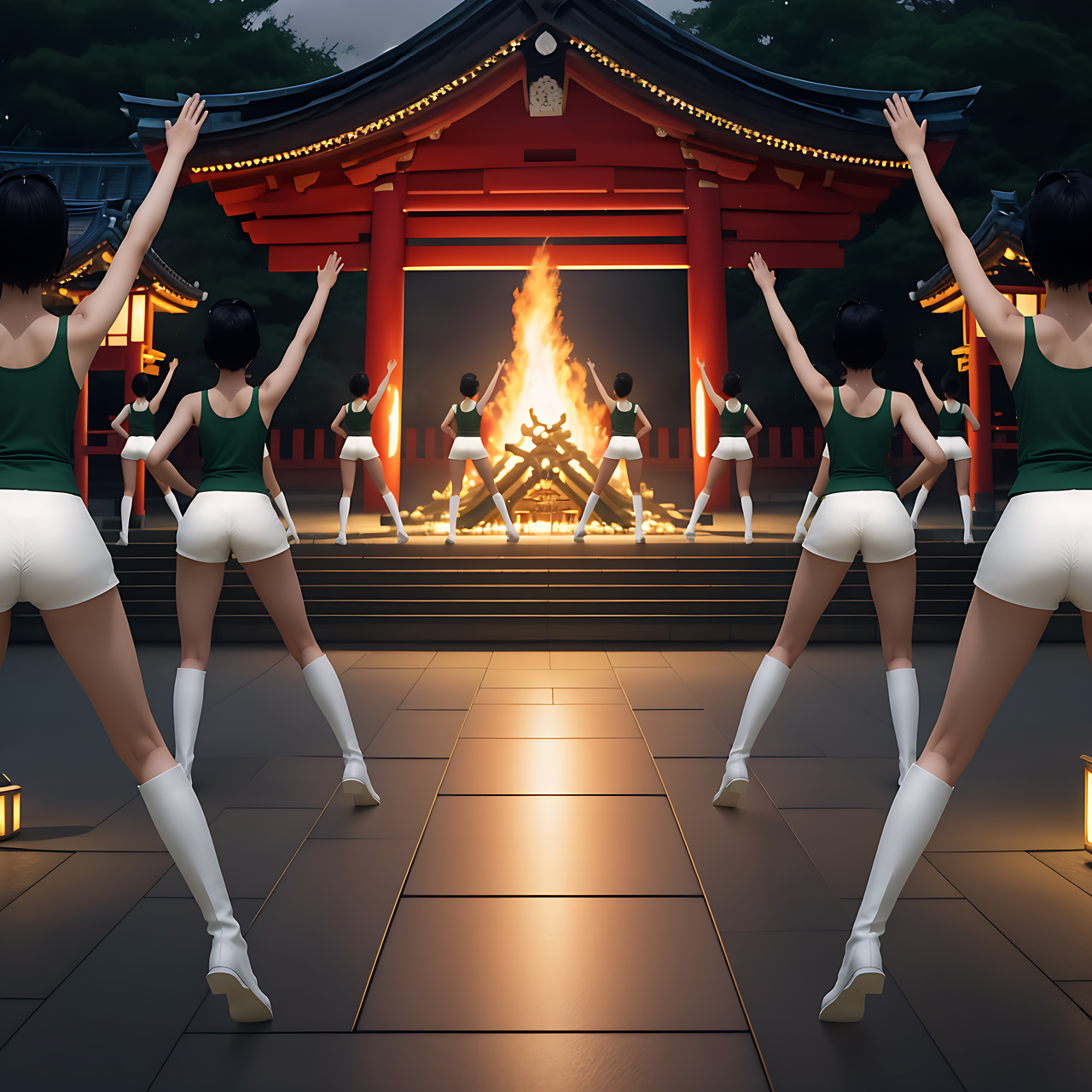best quality,8k, realistic, masterpiece, RAW photo, back view, Some tall Japanese voluptuous short-haired intelligent beautiful girls are dancing to pray for rain in front of the temple.