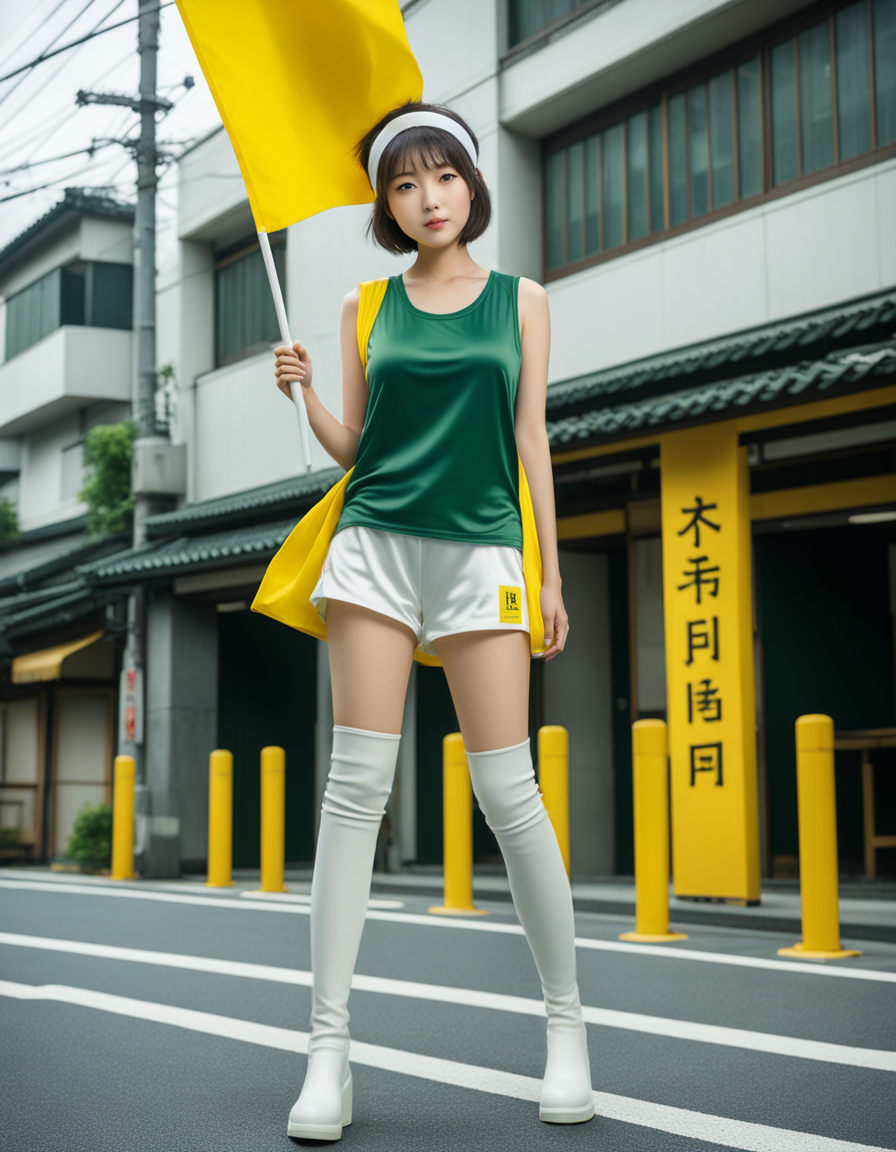 best quality, realistic, RAW photo, front view, extremely detailed, full body, a tall ((Japanese)) large breasts wide-hipped fluffy bob cut intelligent beautiful girl taking a huge yellow flag with notification mark, wearing ((dark green headbands)), ((dark green tanktops with a large open chest area)), ((white tight silky hotpants)), ((white knee boots)).