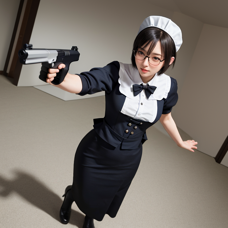 best quality,8k, realistic, masterpiece, RAW photo, full body, low angle shot, a tall Japanese voluptuous short-haired intelligent beautiful girl firing her pistol, wearing glasses, classic maid uniforms, maid cap.