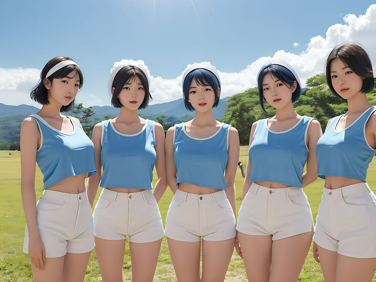 best quality,8k, realistic, masterpiece, RAW photo, front view, Some tall Japanese voluptuous short-haired intelligent beautiful girls are forming a circle at the national park under th blue sky.