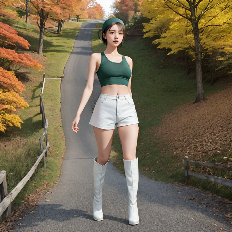 best quality,8k, realistic, masterpiece, RAW photo, high angle shot, full body, a tall Japanese voluptuous short-haired intelligent beautiful girl going up a slope in autumn, wearing dark green headband, white tight silky hotpants, dark green tanktops with a large open chest area, white long boots.