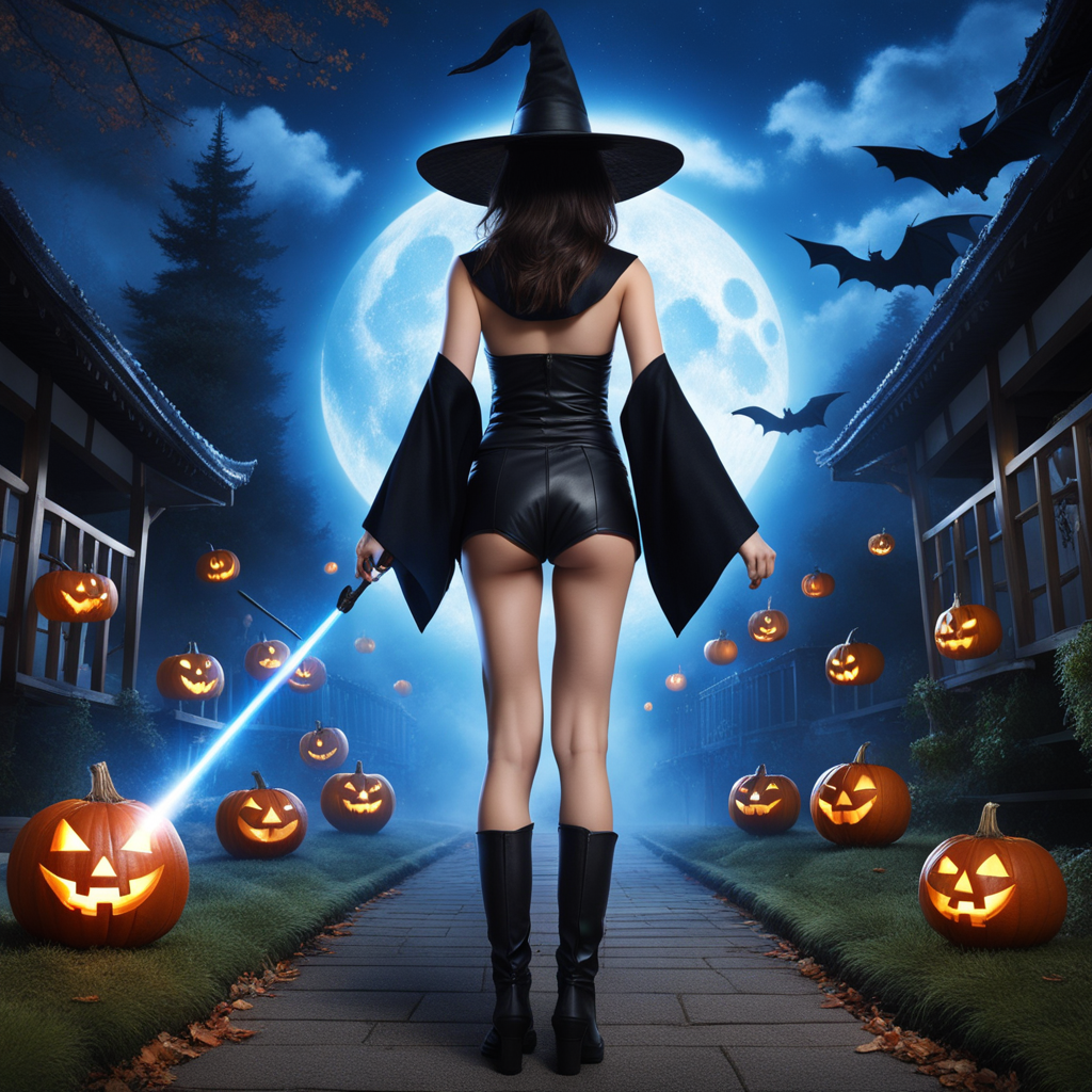 best quality, realistic, RAW photo, back view, full body, a tall ((Japanese)) large breasts wide-hipped short bobbed haired intelligent beautiful young witch, cool beauty, wearing ((magic wand)), ((black pointy hat)), ((black mantle)), ((black tanktops with a large open chest area)), ((black tight leather hotpants)), ((black long boots)), shooting blue laser beam to hit flying Jack-o'-lanterns at midnight.
