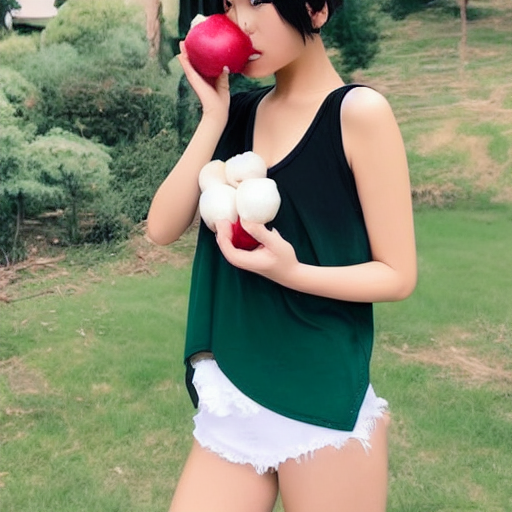 a Japanese beautiful girl eating some apples at the park, wearing dark green tank top, white hot pants, dark green headband, white boots.
