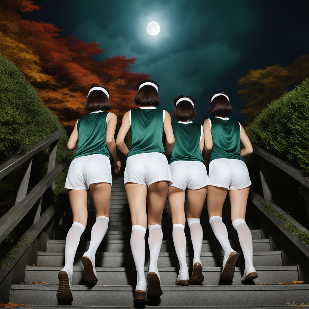 best quality, realistic, RAW photo, back view, full body, many tall ((Japanese)) large breasts wide-hipped short bobbed haired intelligent beautiful girls are forming lines and running up the stairs in autumn at midnight, under the moonlight, cool beauty.