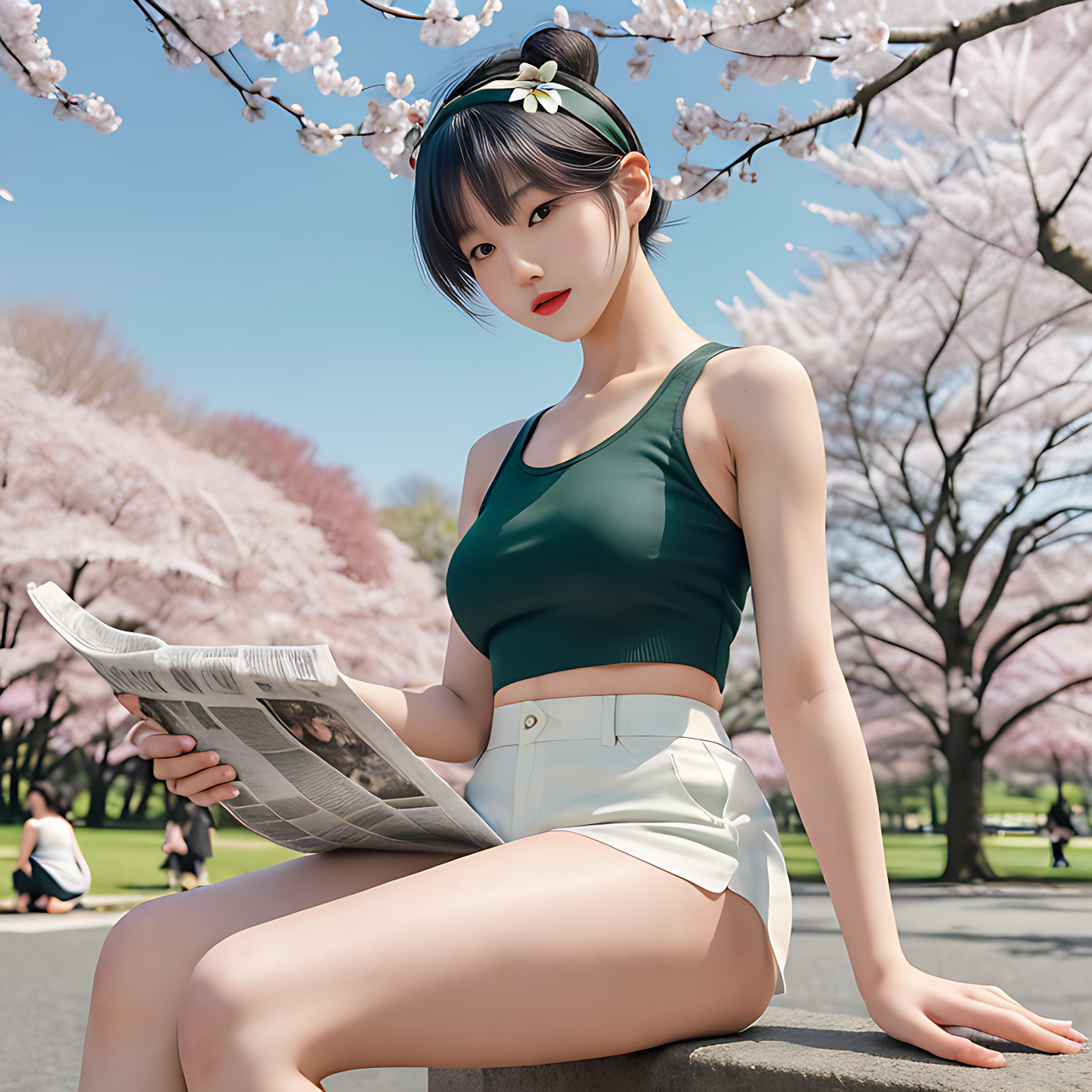 best quality,8k, realistic, masterpiece, RAW photo, a tall Japanese voluptuous short-haired intelligent beautiful girl reading newspaper under cherry blossom at the park in spring, wearing dark green headband, white tight hotpants, dark green tanktops, white long boots.