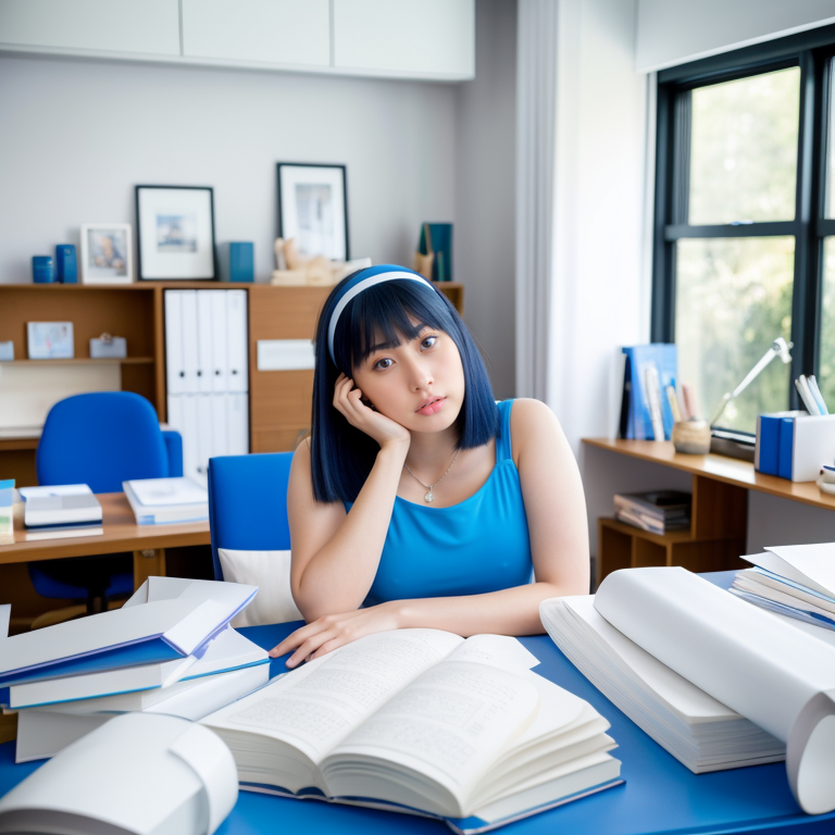 best quality,8k, realistic, masterpiece, RAW photo, a tall Japanese voluptuous short-haired intelligent beautiful girl at her desk with a pile of dociments in the blue room, wearing skyblue headbands, skyblue tanktops with a large open chest area, white tight silky hotpants, white long boots.