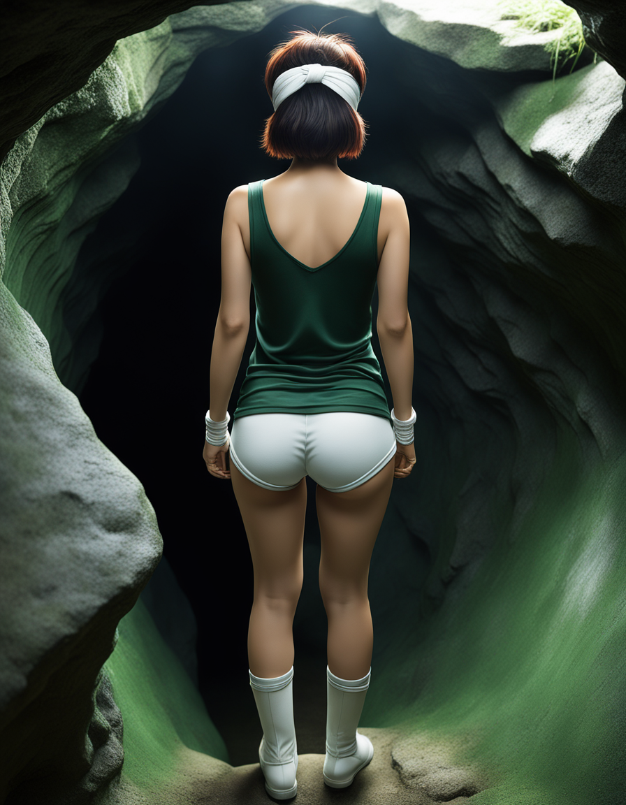 best quality, realistic, RAW photo, back view, high angle shot, full body, a tall Japanese voluptuous short-haired intelligent beautiful girl going down to the deep cave, wearing ((dark green headband)), ((dark green tanktops with a large open chest area)), ((white tight silky hotpants)), ((white long boots)).