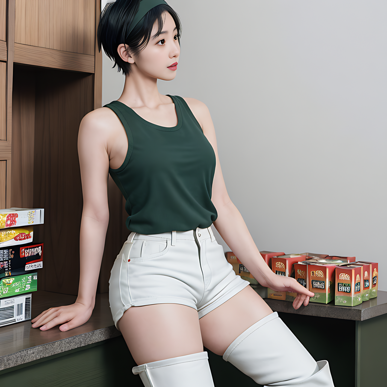 best quality,8k, realistic, masterpiece, RAW photo, side view, a tall Japanese voluptuous short-haired intelligent beautiful girl standing in front of a lot of emergency food boxes, wearing dark green headband, white tight hotpants, dark green tanktops with a large open chest area, white long boots,