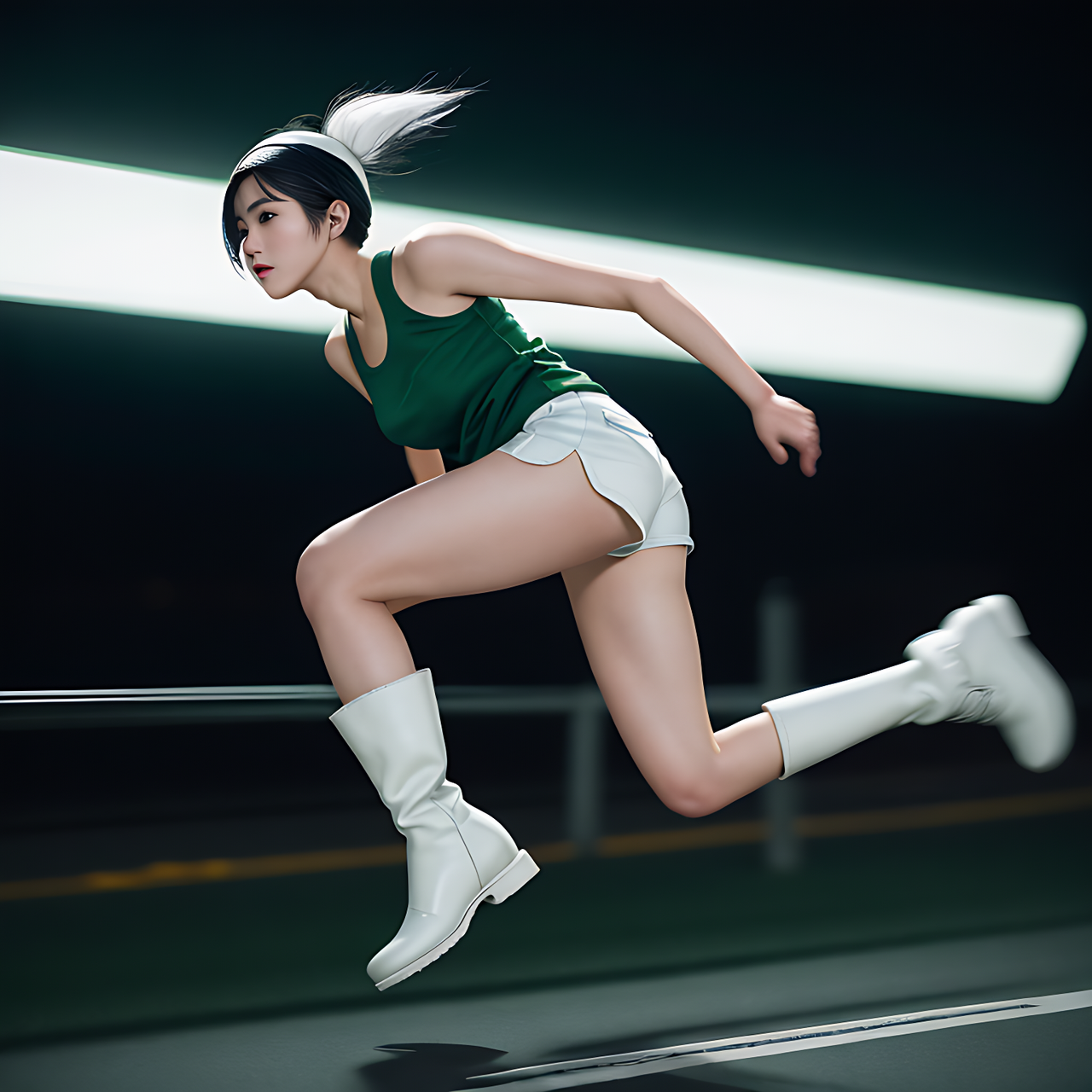 best quality,8k, realistic, masterpiece, RAW photo, side view, full body, a tall Japanese voluptuous short-haired intelligent beautiful girl running very fast in the cyber space at midnight, panning, wearing dark green headband, white tight silky hotpants, dark green tanktops, white long boots., purple backlight