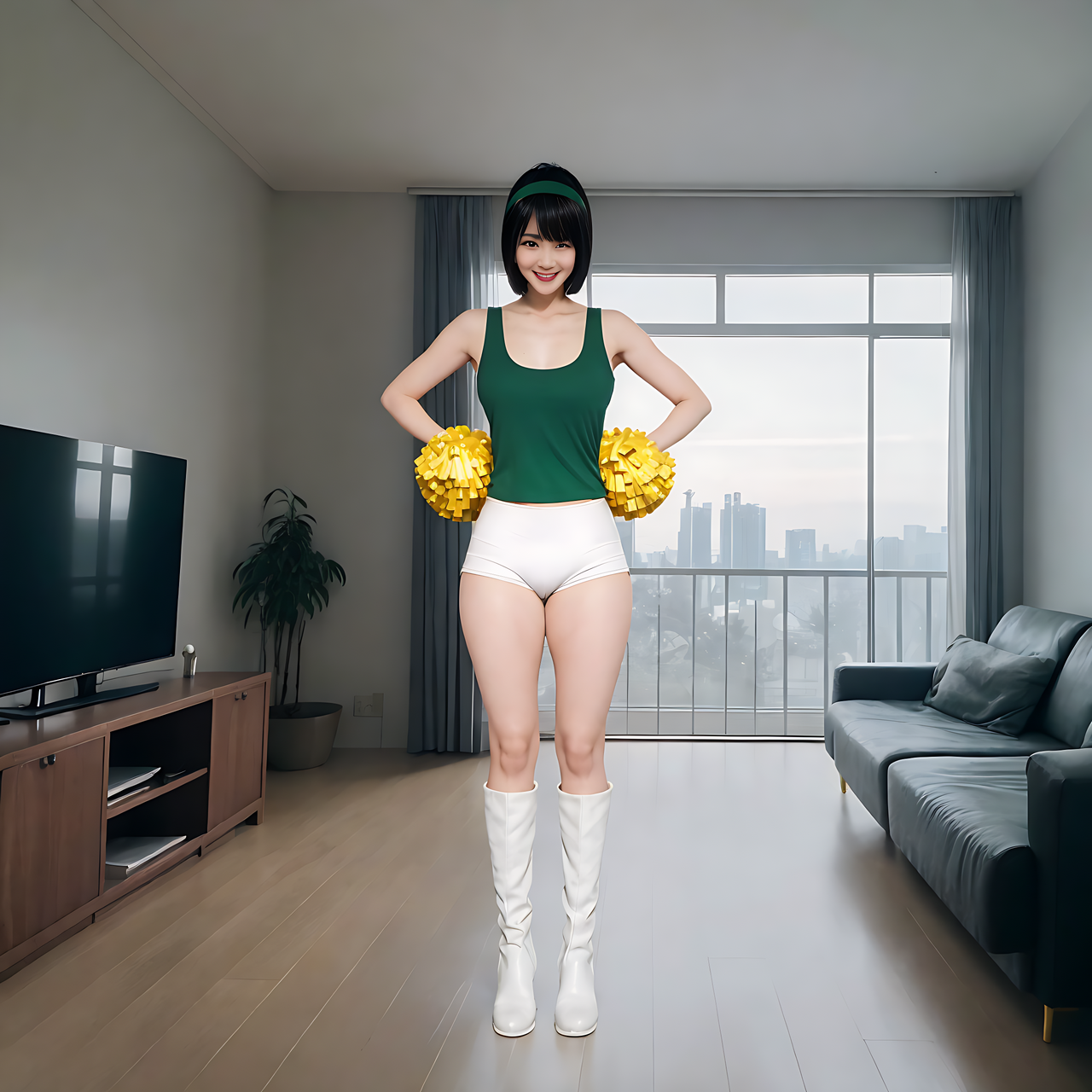 best quality,8k, realistic, masterpiece, RAW photo, front view, a tall Japanese voluptuous short-haired intelligent beautiful cheerleader standing, looking at viewer with bewitching smile at a living room in the early morning, wearing dark green headband, white gymnastic knickers, dark green tanktops, white long boots, gold pom poms.