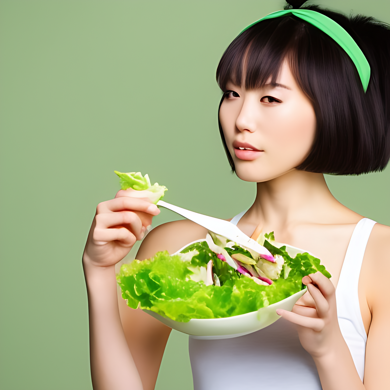 a tall Japanese voluptuous short-haired intelligent beautiful girl eating a green salad for a diet, wearing dark green headband, white gymnastic knickers, dark green tank tops, white long boots.