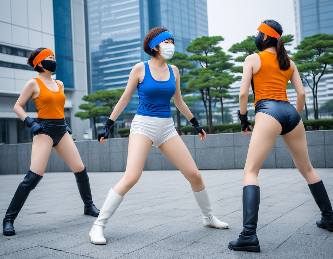 realistic, RAW photo, back view, a tall Japanese large breasts wide-hipped short bobbed haired intelligent beautiful girl wearing ((saphire blue headbands)), ((saphire blue tanktops with a large open chest area)), ((white tight silky hotpants)), ((white long boots)), is fighting against 4 tall evil Japanese large breasts wide-hipped short bobbed haired intelligent beautiful girls, wide shot, cool beauty, exciting, forming lines and showing a fighting disposition, looking at the author, wearing ((orange headbands)), ((black masks)), ((orange tanktops with a large open chest area)), ((black tight leather hotpants)), ((black long boots)), at the city plaza