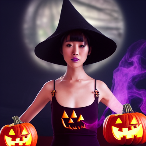 A Japanese young tall witch who wears black pointy hat, purple tank top, black hot pants, black long boots, black overcoat, is using magic to fight against some Jack O'lanterns.