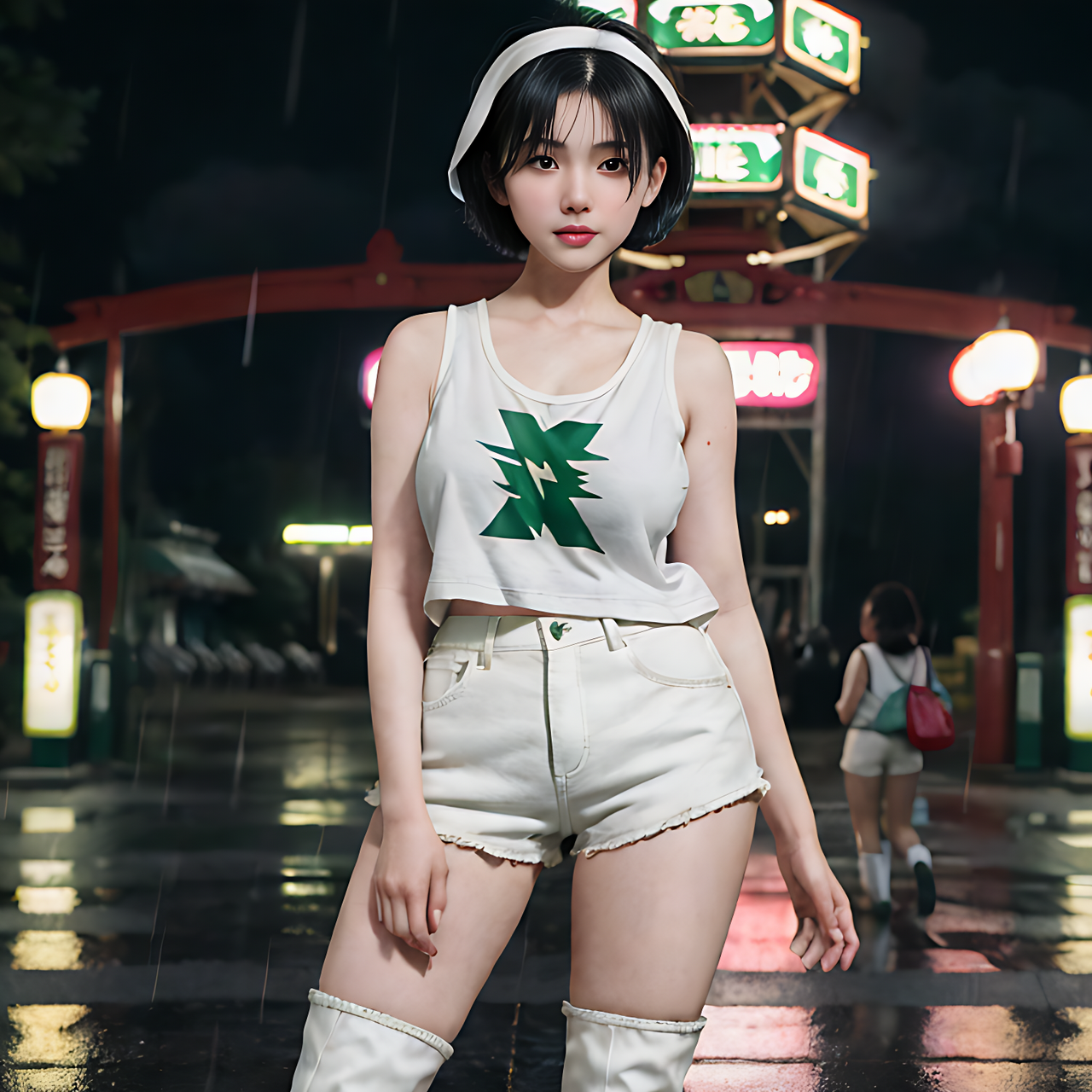 best quality,8k, realistic, masterpiece, RAW photo, front view, a tall Japanese voluptuous short-haired intelligent beautiful girl in front of the entrance of the amusement park in the rainy evening with lightning, wearing dark green headbands, white tight hotpants, dark green tanktops, white boots.