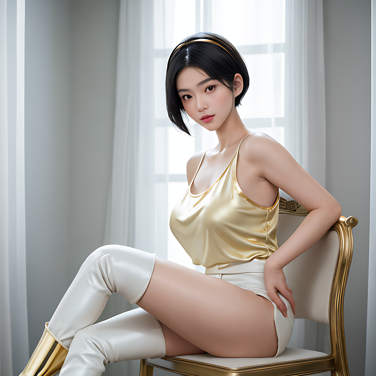best quality,8k, realistic, masterpiece, RAW photo, a tall Japanese voluptuous short-haired intelligent beautiful girl sitting on the chair in her room at the rainy day, wearing gold headbands, white tight silky hotpants, gold tanktops, white long boots.