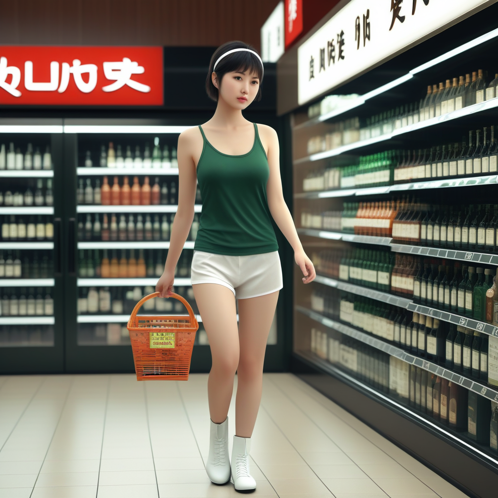 best quality,8k, realistic, masterpiece, RAW photo, a tall Japanese voluptuous short-haired intelligent beautiful girl passing by showcase of liquors at the department store, holding shopping basket, wearing dark green headband, dark green tanktops, white tight silky hotpants, white long boots.