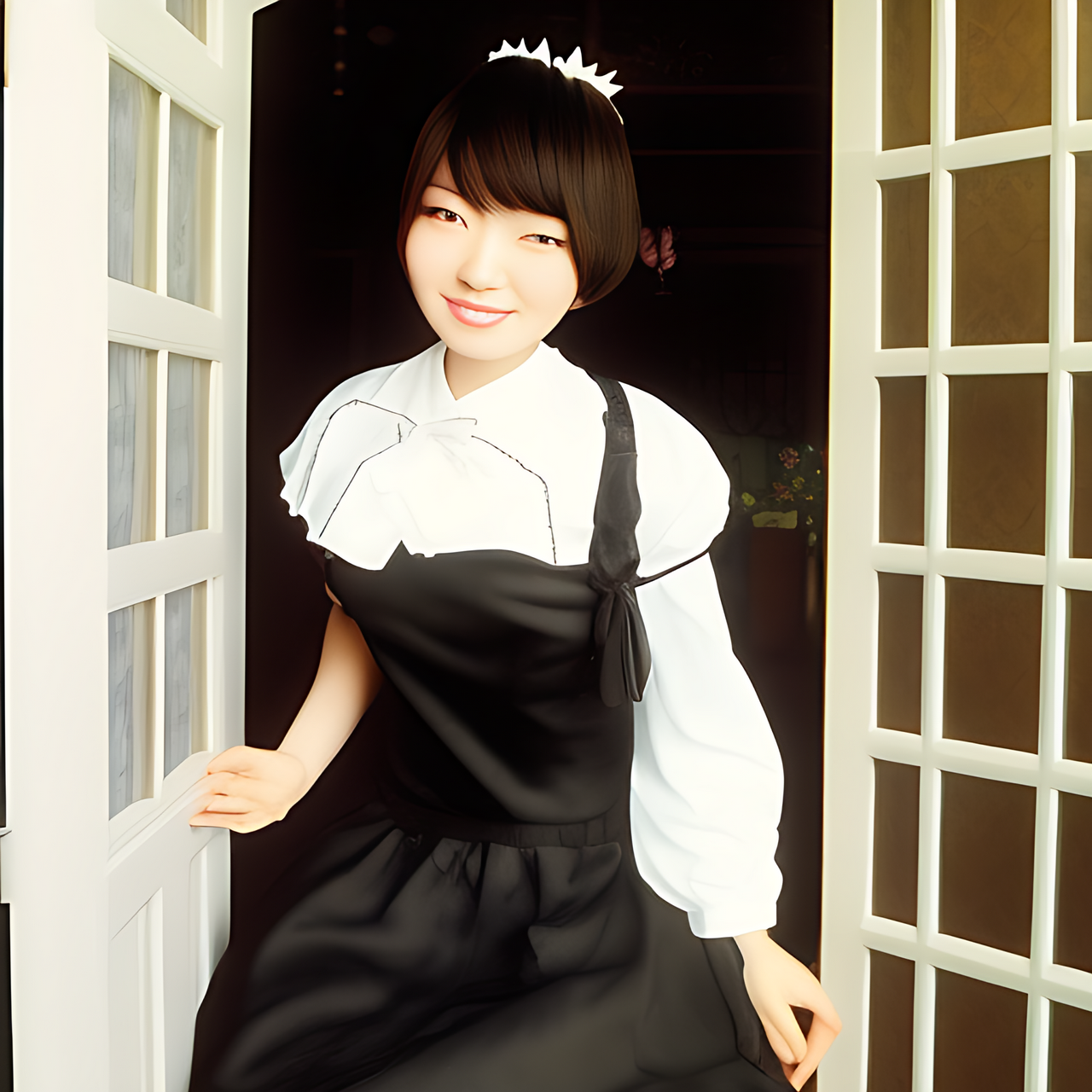 front view, a tall Japanese voluptuous short-haired intelligent beautiful girl in front of the entrance of her master's mansion, wearing French maid dress.
