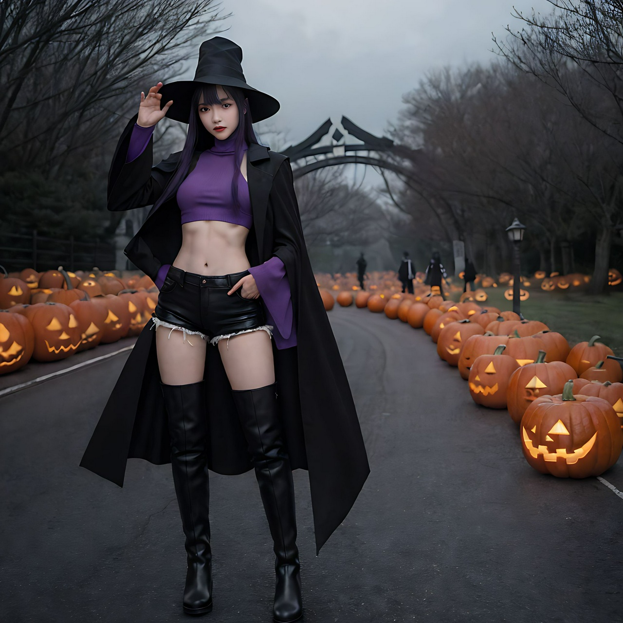 best quality,8k, realistic, masterpiece, RAW photo, A Japanese young tall witch who wears black pointy hat, purple tanktops, black hotpants, black long boots, black overcoat, is using magic to fight against some Jack O'lanterns.