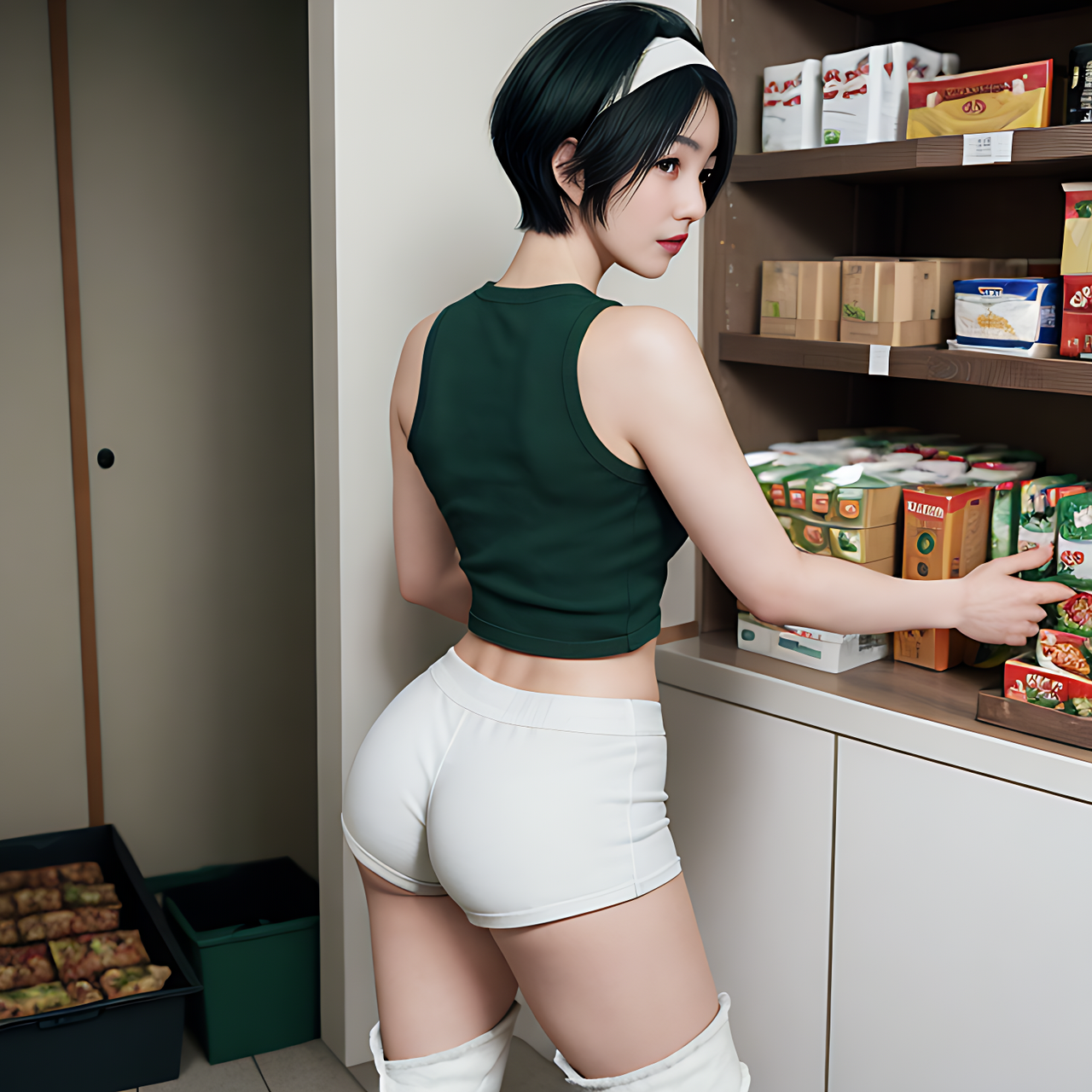 best quality,8k, realistic, masterpiece, RAW photo, back view, a tall Japanese voluptuous short-haired intelligent beautiful girl standing in front of a lot of emergency food boxes, wearing dark green headband, white tight hotpants, dark green tanktops with a large open chest area, white long boots,
