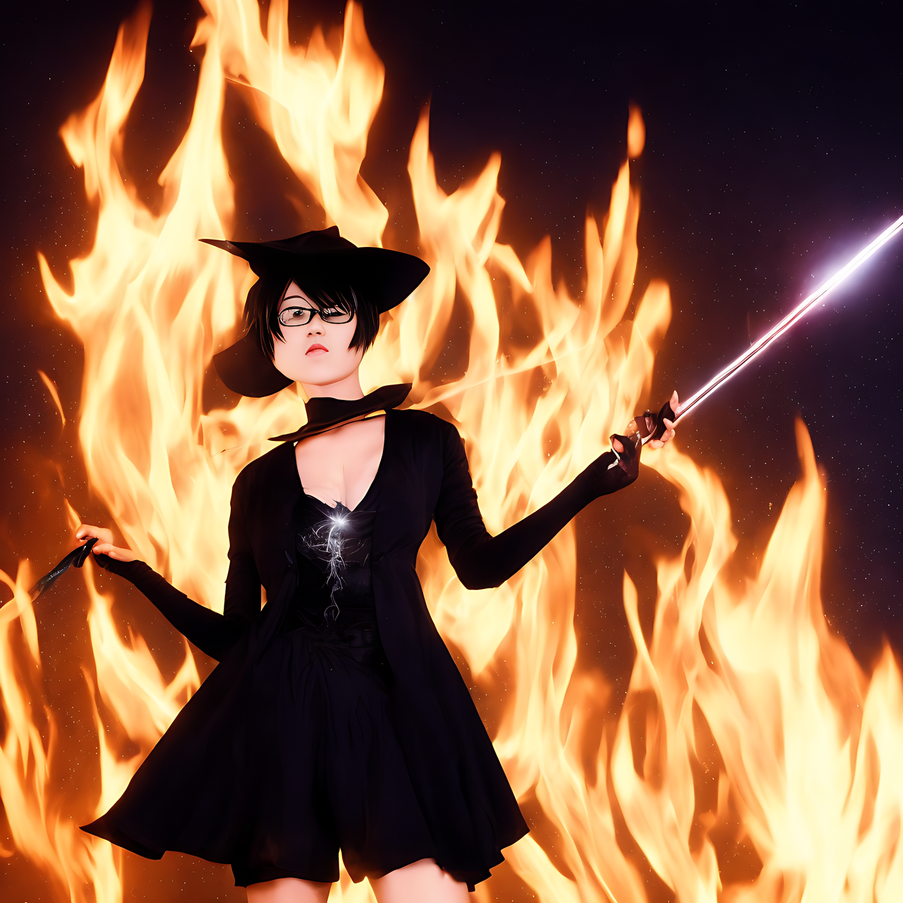 full body, a tall Japanese young voluptuous short-haired intelligent beautiful witch, using a magic of fire, wearing black pointy hat, black tight silky hot pants, black tank tops, black long boots, black coat, silver glasses, holding a magic wand.