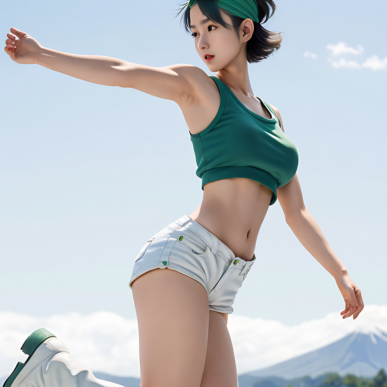 best quality,8k, realistic, masterpiece, RAW photo, side view, a tall Japanese voluptuous short-haired intelligent beautiful girl dancing under the blue sky  wearing deep green headband, white tight hotpants, deep green tanktops with a large open chest area, white long boots.