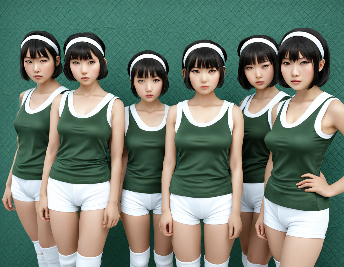 best quality, realistic, RAW photo, high angle shot, 3 tall ((Japanese)) large breasts wide-hipped short bobbed haired intelligent beautiful girls are standing and have stern faces at the rebel army, cool beauty.