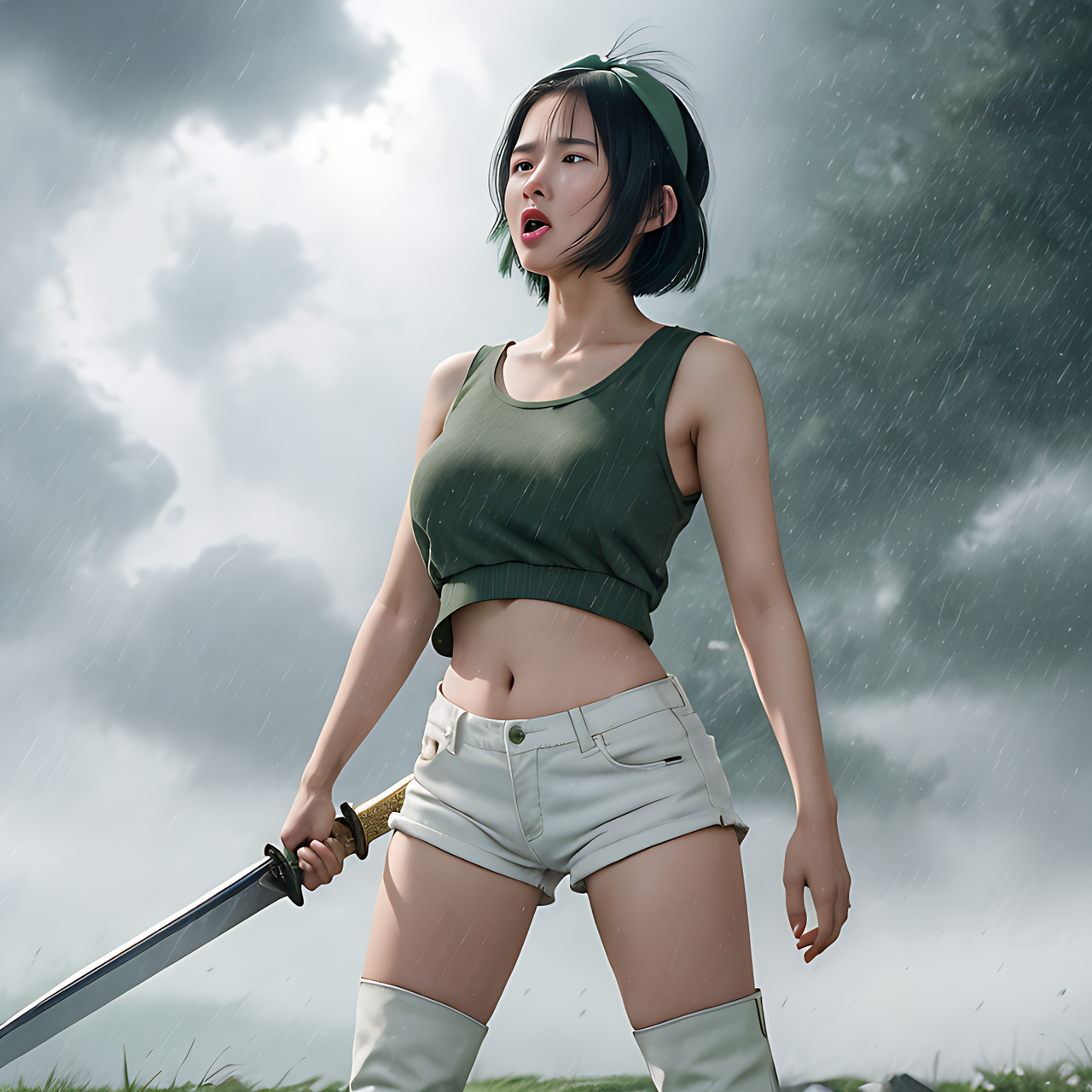best quality,8k, realistic, masterpiece, RAW photo, full body, a tall Japanese voluptuous short-haired intelligent beautiful girl getting angry and crying in the storm, holding long sword, wearing dark green headband, white tight hotpants, dark green tanktop with a large open chest area, white long boots.