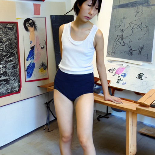 a tall Japanese girl drawing pictures at her atelier, wearing dark navy knickers, white tank tops, white shoes, white headband.