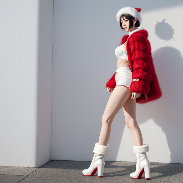 best quality,8k, realistic, masterpiece, RAW photo, side view, a full body portrait of a tall Japanese voluptuous short-haired intelligent beautiful girl taking her large suitcase in winter, wearing white tight silky hotpants, red tanktops, white long boots, red fur pointy hat, and red fur coat.