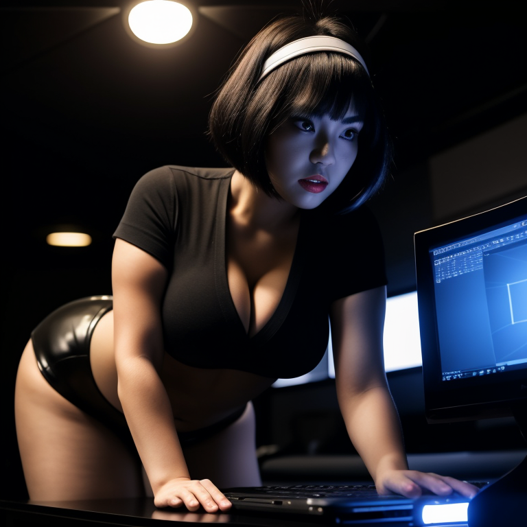best quality,8k, realistic, masterpiece, RAW photo, front view, an evil tall Japanese voluptuous short-haired intelligent beautiful girl using computer in the dark room, wearing black headband, black leather hotpants, black tanktops, black long boots.