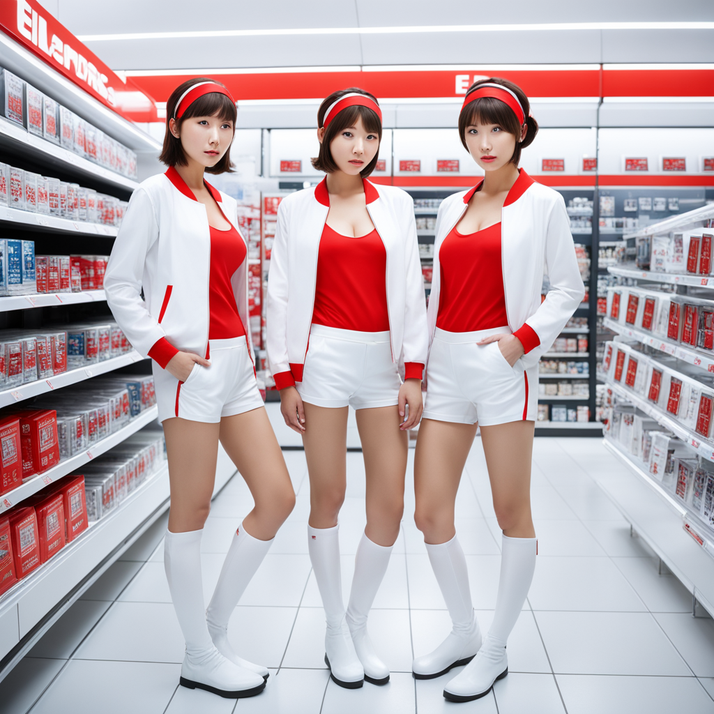 best quality, realistic, RAW photo, side view, 2girls, 2 tall ((Japanese)) large breasts wide-hipped short bobbed haired intelligent beautiful models featured in an advertising campaign at the electronics retail store, cool beauty.