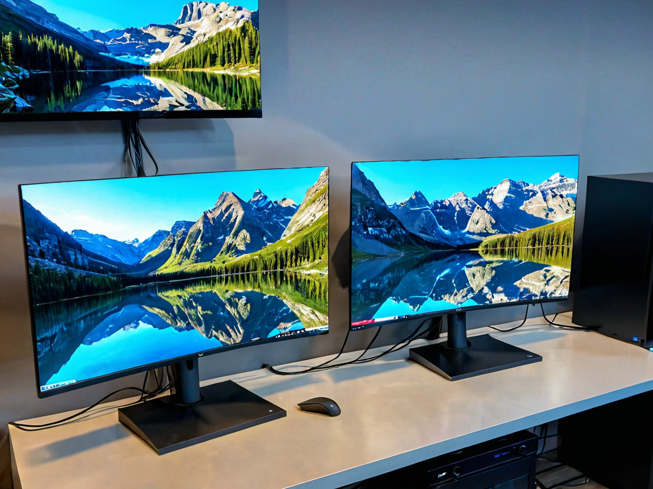 best quality,8k, realistic, masterpiece, RAW photo, some PC monitors on the showcase at the PC store