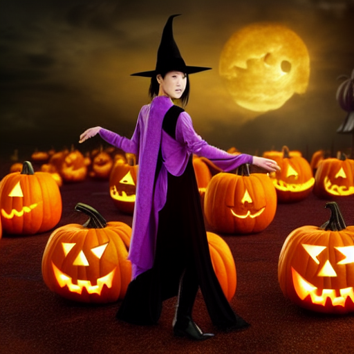 A Japanese young tall witch who wears black pointy hat, purple tank top, black hot pants, black long boots, black overcoat, is using magic to fight against some Jack O'lanterns.