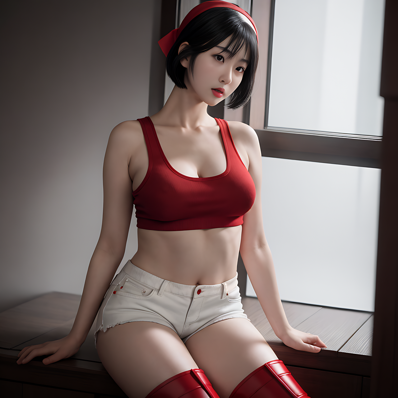 best quality,8k, realistic, masterpiece, RAW photo, a tall Japanese voluptuous short-haired intelligent beautiful girl being stupefied in the dark room, wearing red headband, white tight hotpants, red tanktops with a large open chest area, white long boots.