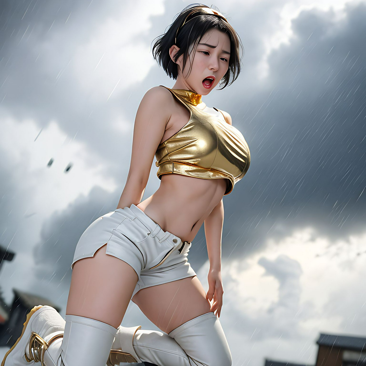 best quality,8k, realistic, masterpiece, RAW photo, low angle shot, full body, a tall Japanese voluptuous short-haired intelligent beautiful girl getting angry and crying in the storm, wearing gold headband, white tight hotpants, gold tanktop with a large open chest area, white long boots.