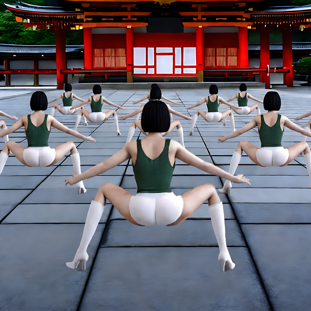 looking down the floor, back view, tall Japanese voluptuous short-haired intelligent beautiful girls are squatting and arms behind head a huge hall before the alter at the shrine in Japan.