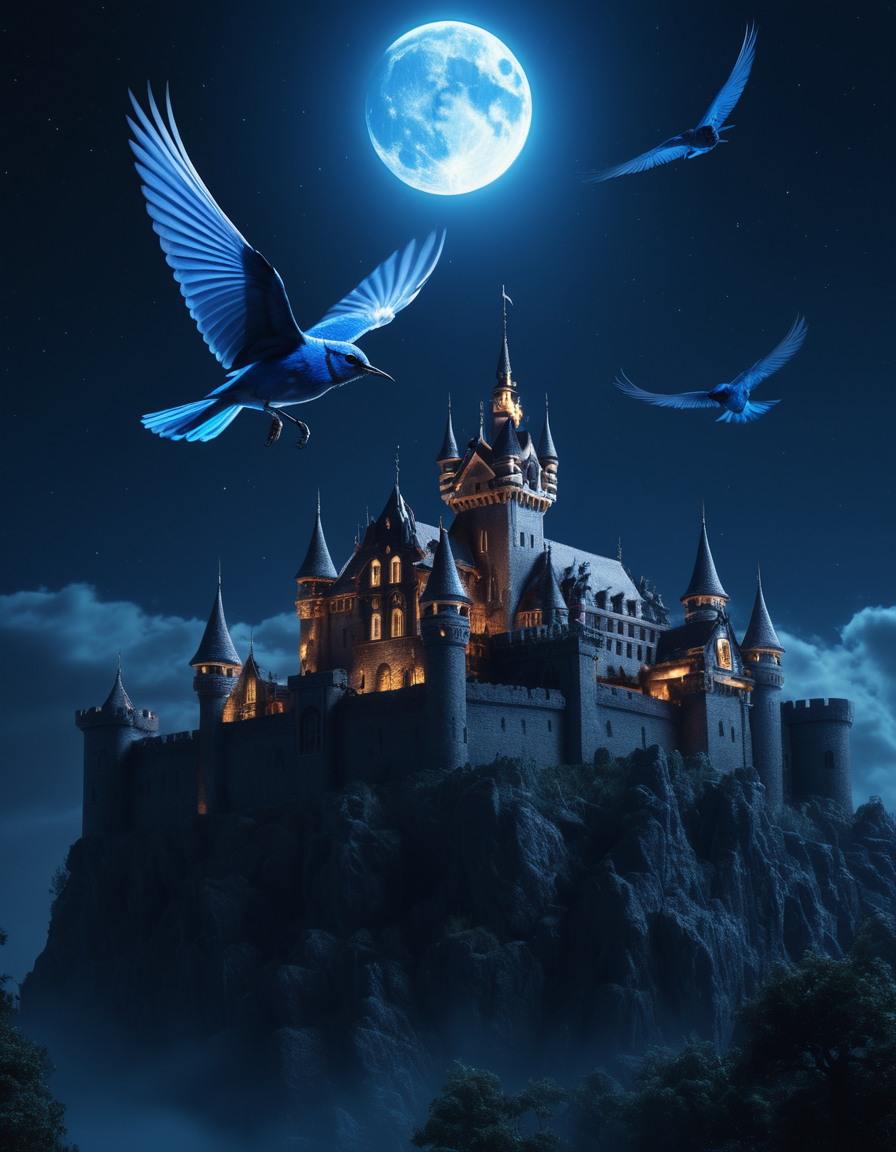best quality,8k, realistic, masterpiece, RAW photo, Some blue bird flying around the demonic castle at midnight