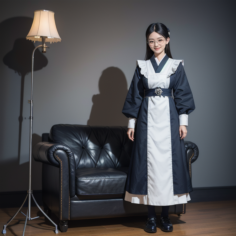 best quality,8k, realistic, masterpiece, RAW photo, full body, front view, a 25yo tall Japanese intelligent beautiful housemaid, standing and waving her hand, smiling, wearing silver glasses, navy gothic maid uniform and black shoes., no background