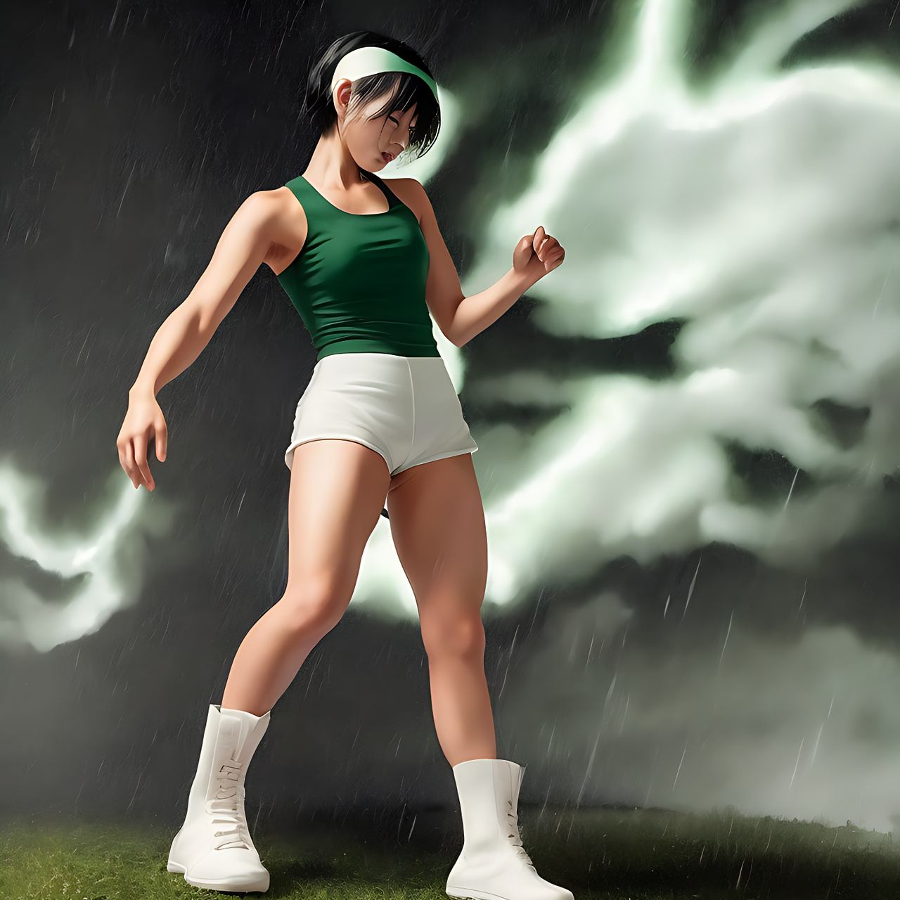 front view, full body, a tall Japanese voluptuous short-haired intelligent beautiful girl getting angry and crying in the storm, wearing dark green headband, white tight hot pants, dark green tank tops, white long boots.